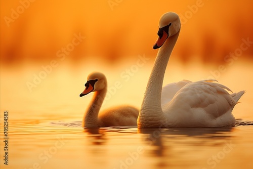 Fototapeta Naklejka Na Ścianę i Meble -  Graceful swan and its chick swimming on serene lake with reeds in the warm-hued sunrise