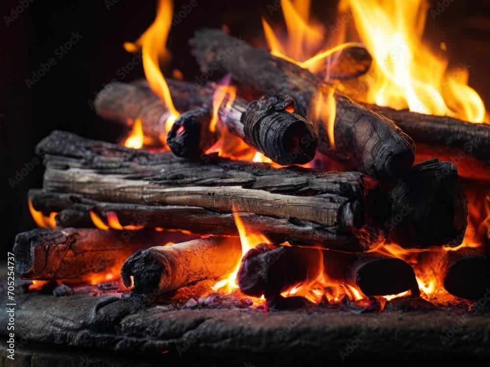 Bonfire with orange flame from burning wood, burning flame in fireplace Bonfire with orange flame from burning wood, burning flame in fireplace