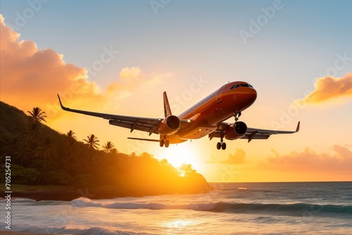 Low Flying Airplane over Sunset with Palm Trees and Ocean Beach - Travel Concept