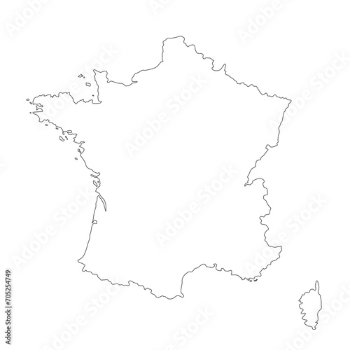 France map outline sketch isolated on white. Thin hand drawn black line contour, country border. Vector picture for banner background design, geographic, travel, french events illustration.