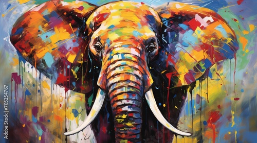 Fotografia A painted portrait of an elephant's face with vibrant hues that showcases its majestic beauty and charm