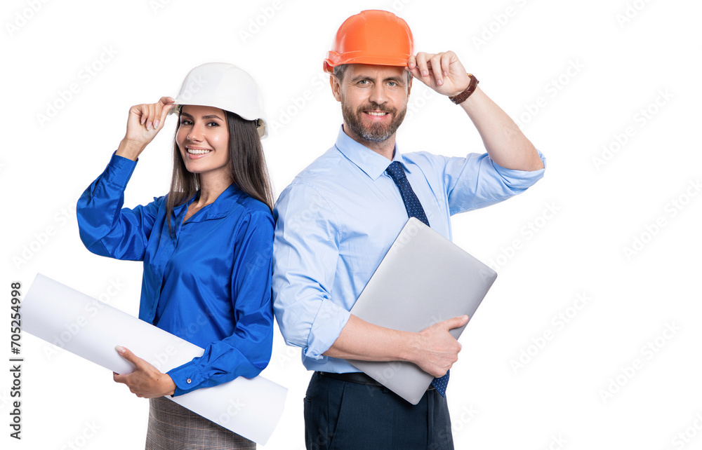 Safety business. Data protection. Supervisor engineer with blueprint. Plan construction project. Architect planning work. Chief engineer and architect in hardhat isolated on white. Discussing content Safety business. Data protection. Supervisor engineer with blueprint. Plan construction project. Architect planning work. Chief engineer and architect in hardhat isolated on white. Discussing content