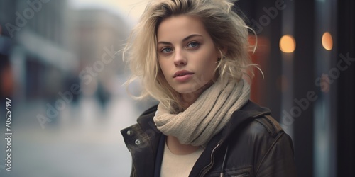 Portrait of a beautiful blonde woman in a brown jacket and scarf photo
