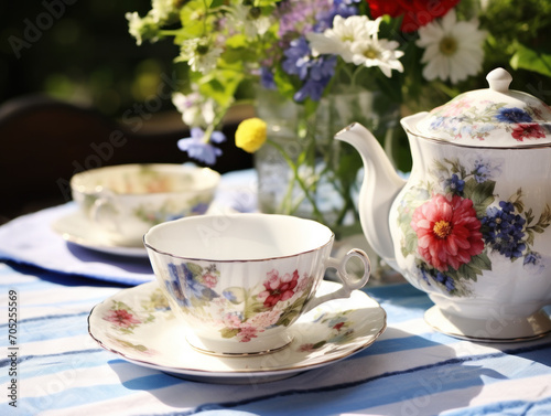 A teapot and cups with floral design on an outdoor table with fresh flowers.