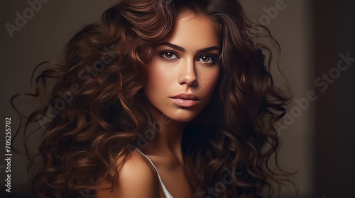 A woman in her 30s or 40s with long brown curly hair posing as a fashion model in a studio is stunning.