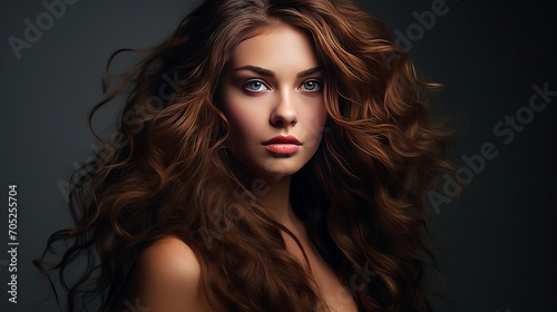 A woman in her 30s or 40s with long brown curly hair posing as a fashion model in a studio is stunning.