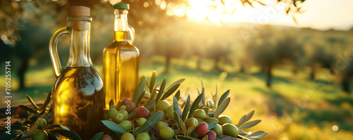 Golden olive oil bottles with olives leaves in the middle of rural olive field with morning sunshine