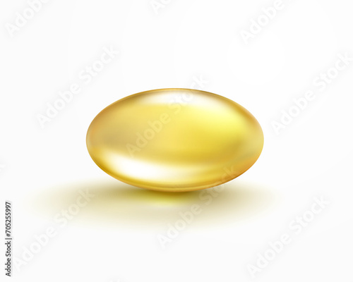 Vitamin E, D or omega 3 fish oil capsule isolated on white background. Golden 3d antibiotic gel pill icon. Vector gold realistic serum oval sphere of collagen essence