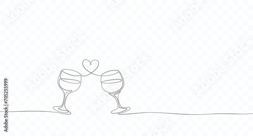 Glasses of wine with heart in continuous line drawing style isolated on transparent background. Vector drink art sketch. Cheers toast contour, love decoration for romantic Valentine's Day design