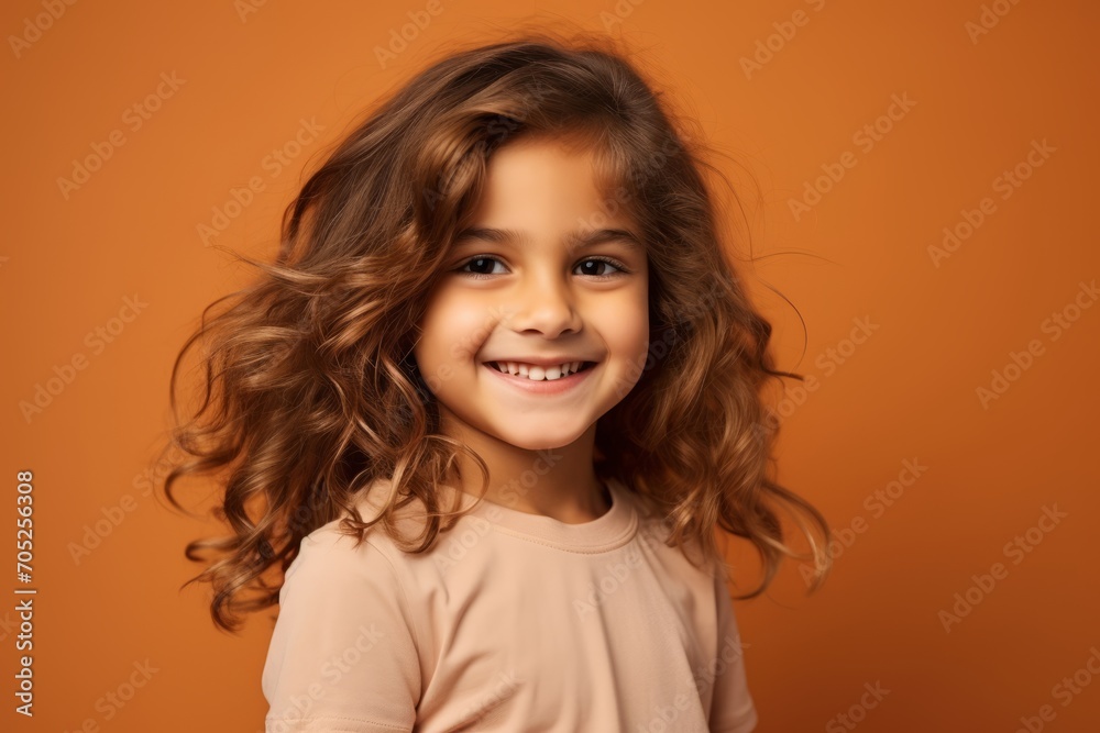 Portrait of a smiling little girl with long curly hair on orange background Portrait of a smiling little girl with long curly hair on orange background