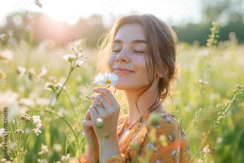 Fototapeta Naklejka Na Ścianę i Meble -  Happy young woman standing in a meadow in spring holding a flower