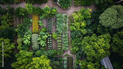 raised bed vegetable garden from above, and trees surrounding it, many raised beds, permaculture, urban, city, areal view, from above