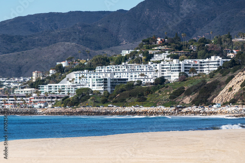 View of Santa Monica bay beaches and Pacific Palisades ocean view homes in Los Angeles California.   photo