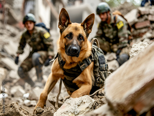 German Shepherd and military team on a search and rescue mission amidst the ruins, showcasing bravery and teamwork