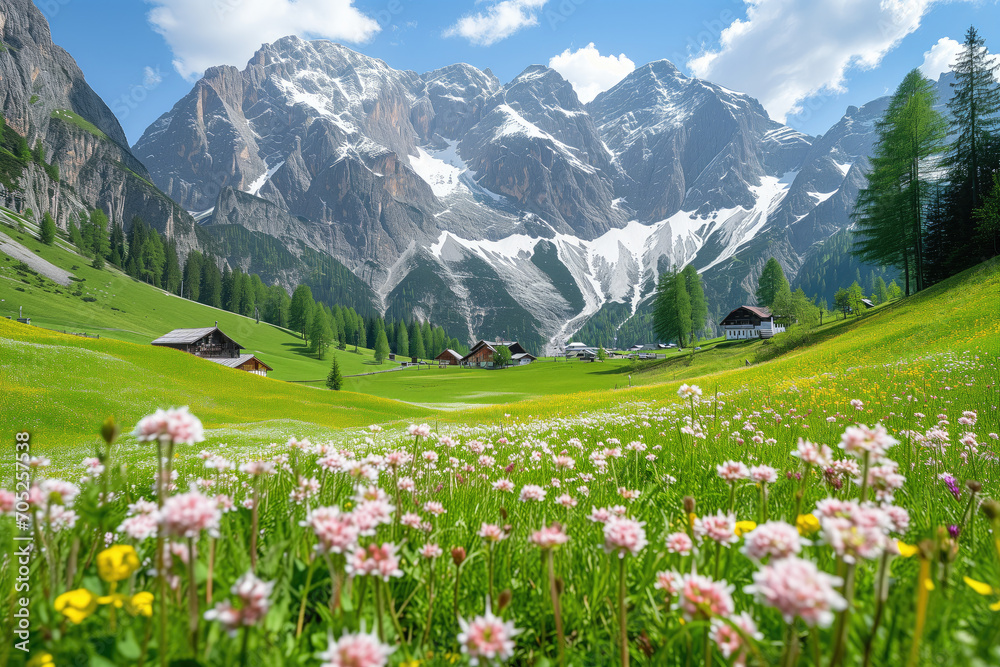 Fototapeta premium Idyllic mountain scenery in the Alps with blooming meadows in springtime