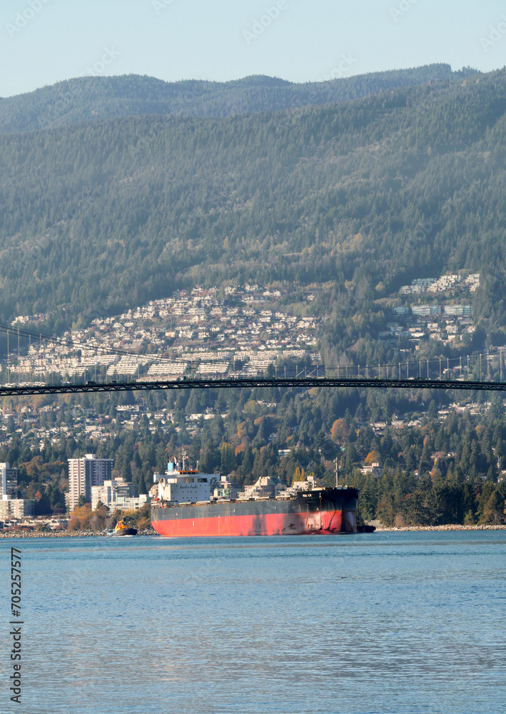 A ship passing under the Lions Gate Bridge that connects Downtown Vancouver with the North Shore as seen from Stanley Park during a fall season in Vancouver, British Columbia, Canada