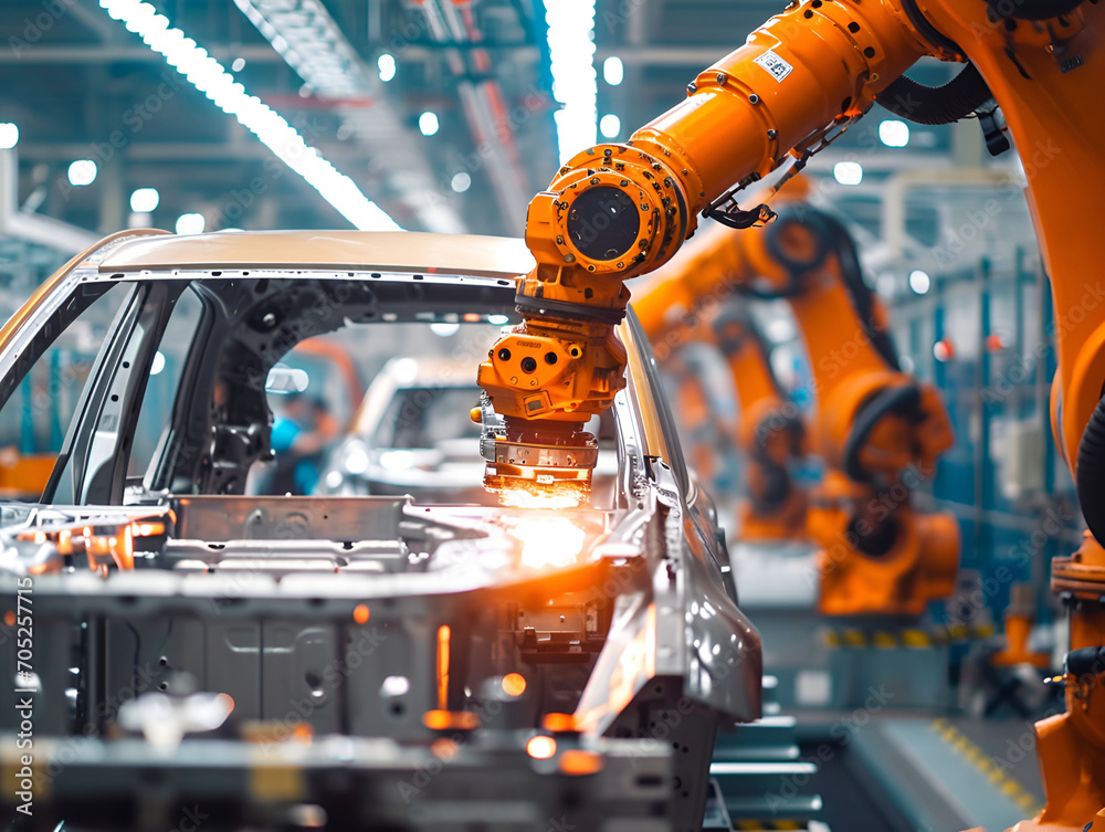Robotic arms actively assembling a car in an automotive plant, reflecting the pinnacle of modern industrial automation