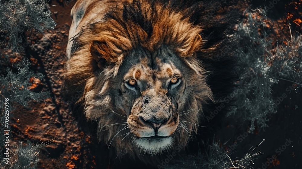 An aerial photograph of a lion with special effects An aerial photograph of a lion with special effects
