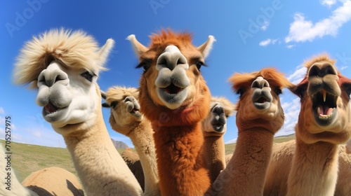 A group of curious alpacas looking at the camera photo