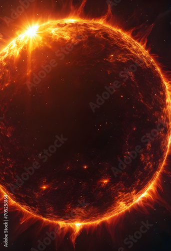Sun flare.Space background with a red-hot star sun. red and gold sun on a black background of the universe