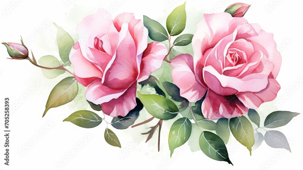 Watercolor Rose Bouquet: Two Pink Flowers with Green Leaves AI Generated