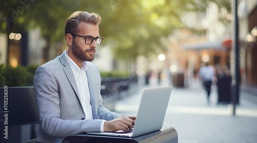 Business education, technology, and people come together in the form of a smiling businessman working on a laptop computer on a city street.