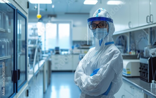 scientist stands in lab wearing ppe