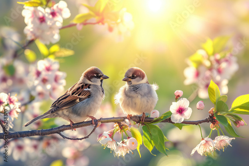 Little funny chicks sparrows sit in spring sunshine on the branches of a cherry tree