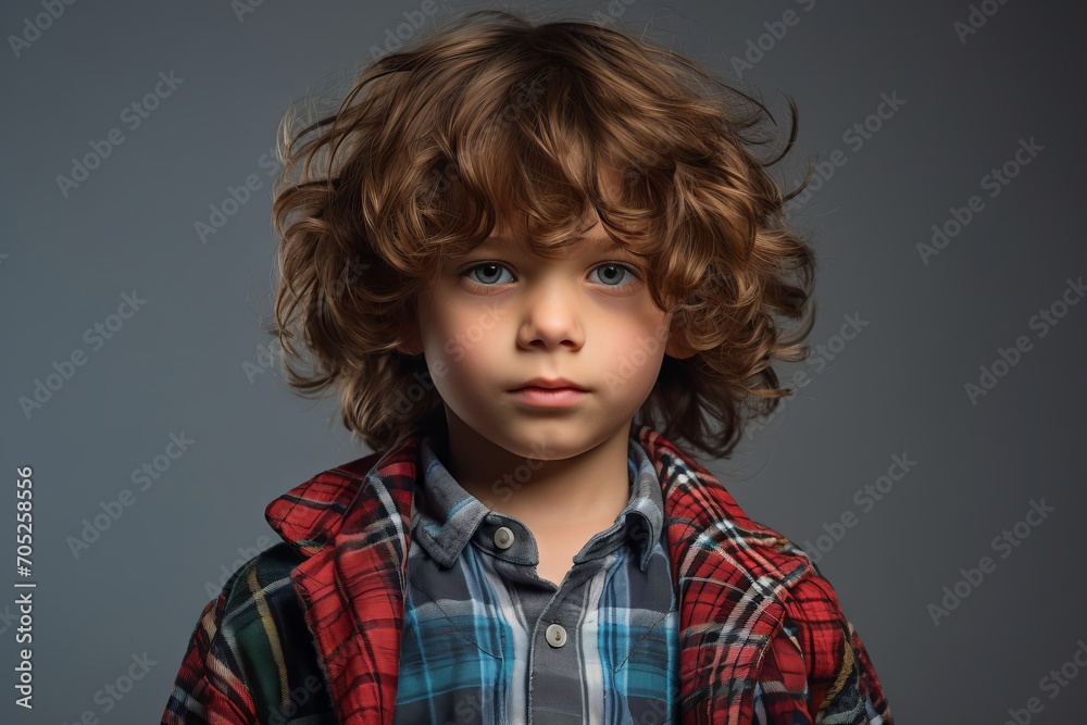 Portrait of a cute little boy with curly hair in a plaid shirt. Studio shot over grey background. Portrait of a cute little boy with curly hair in a plaid shirt. Studio shot over grey background.