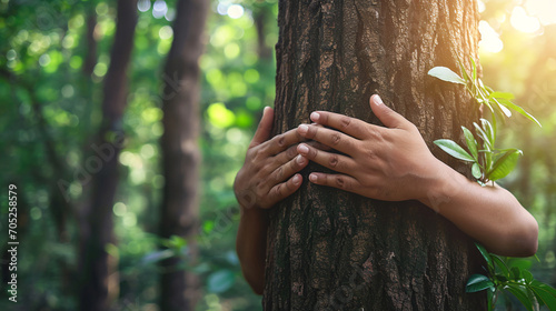 Hands hugging a tree in the forest. Love nature concept.