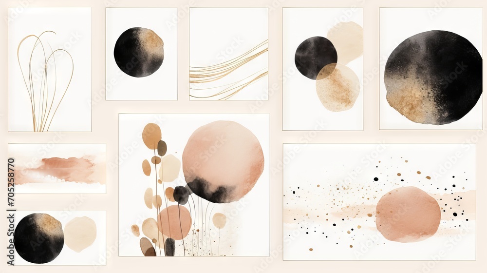 Abstract Arrangements: Black Elements and Textures with Terracotta, Blush Pink, Ivory, Beige Watercolor Illustration and Gold AI Generated