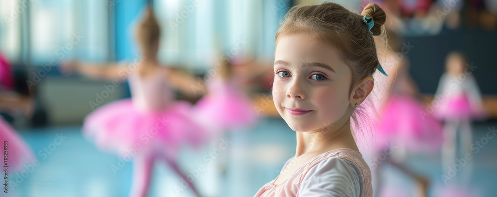 Little girl is learning ballet in ballet class - obrazy, fototapety, plakaty 