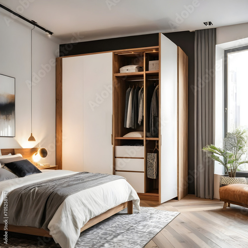 Large, contemporary bedroom featuring a wooden wardrobe