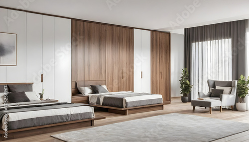 Large, contemporary bedroom featuring a wooden wardrobe