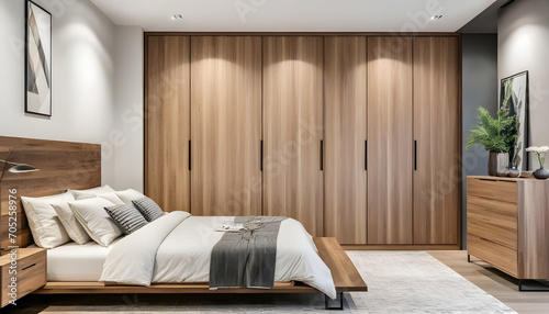 Large, contemporary bedroom featuring a wooden wardrobe