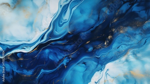 Beautiful Blue Marbleized Effect Background with Gold Accents AI Generated