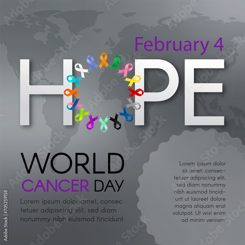 World Cancer Day. Poster with different ribbons, and space for text. Vector flat illustration.
