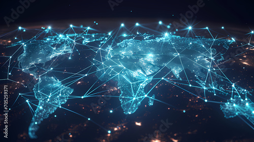 Global business network with world map and connecting flight paths photo