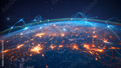 Global business network with world map and connecting flight paths