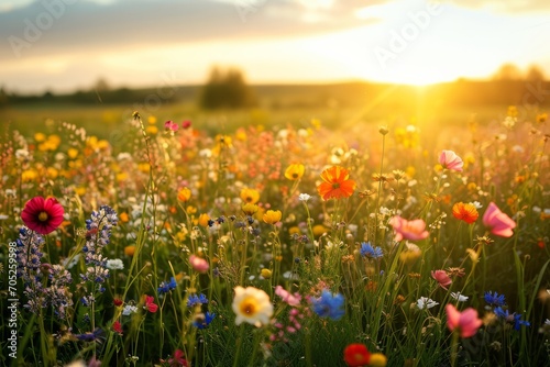 Sun-kissed fields with a burst of colorful spring flowers