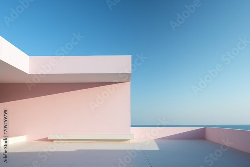 Minimalist pink and white building exterior with ocean view