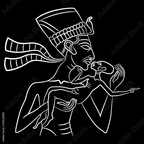 Ancient Egyptian pharaoh Akhenaton or queen Nefertiti holding and kissing a baby. Relief from Amarna. Black and white linear silhouette.