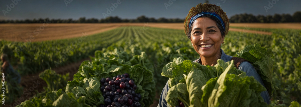 Middle aged female farmer smiling and working in agricultural field portrait, harvesting organic vegetables, space for text
 - obrazy, fototapety, plakaty 