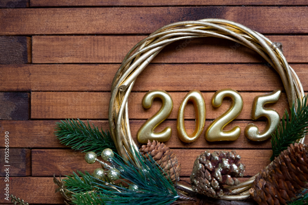Happy New Year golden numbers 2025 on cozy festive brown wooden background with sequins, snow, lights of garlands. Greetings, postcard. Calendar, cover Happy New Year golden numbers 2025 on cozy festive brown wooden background with sequins, snow, lights of garlands. Greetings, postcard. Calendar, cover