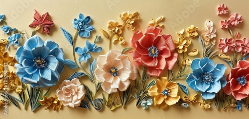 Create an image featuring dainty crimson, sky blue, and peach paper Quilling flowers. Solid gold background. Solid white border. Photo-realistic.