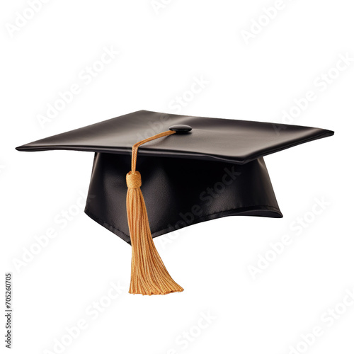 Black Graduation cap with a yellow tassel on a cutout PNG transparent background