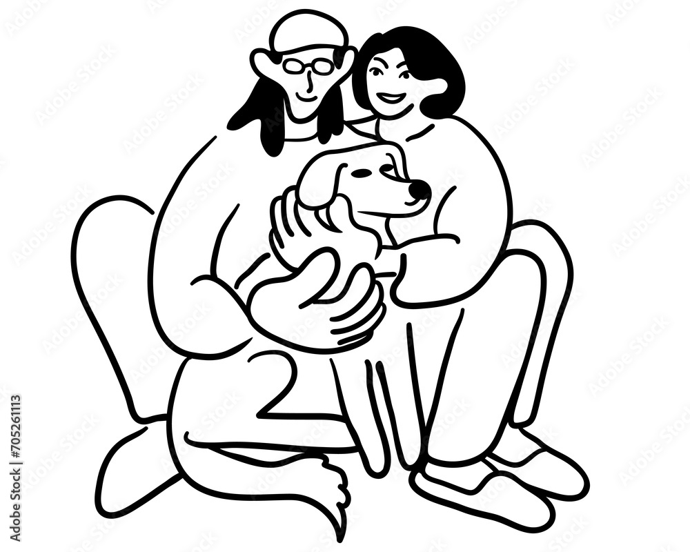 cartoon couple with dog in doodle style. template for print advertising poster sticker icon illustration. people in lines