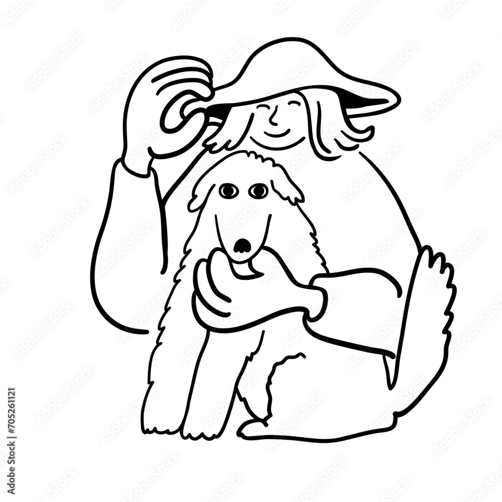 Fototapeta premium cartoon girl with a dog in doodle style. template for print advertising poster sticker icon illustration. people in lines