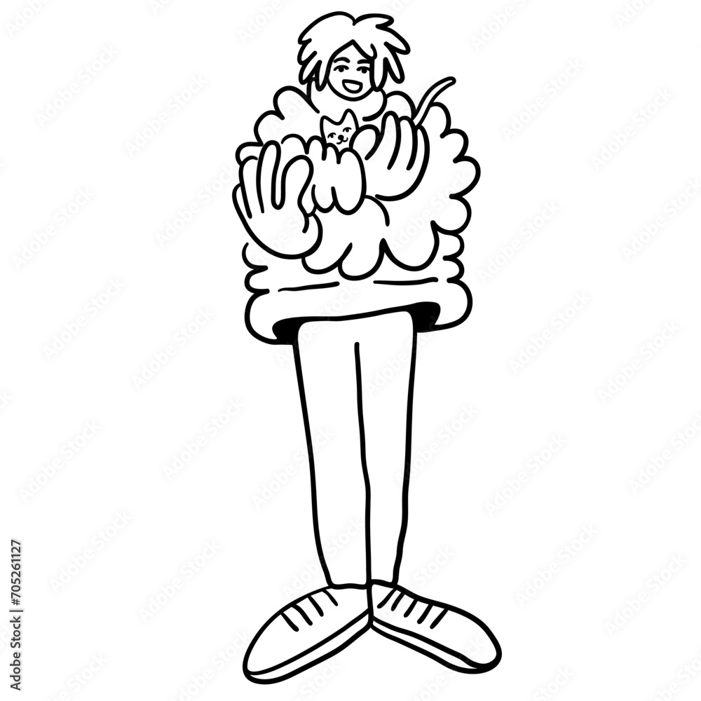 cartoon guy with a cat in doodle style. template for print advertising poster sticker icon illustration. people in lines cartoon guy with a cat in doodle style. template for print advertising poster sticker icon illustration. people in lines