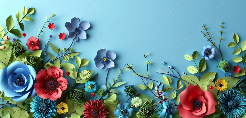 Illustration of small charming green, blue, and red paper Quilling flowers. Sky Blue background. Solid sky blue border. Photo-realistic.